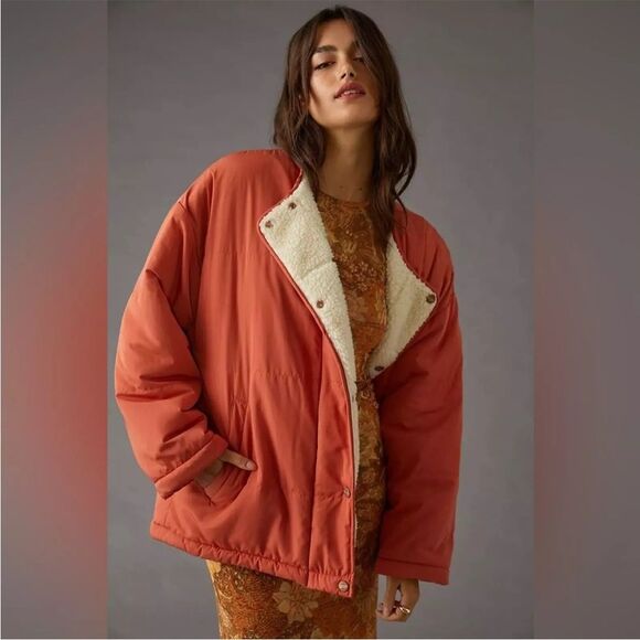 Wrangler Anthropologie XL Sherpa Reversible Oversized Bomber Puffer Jacket NWT - Picture 1 of 11